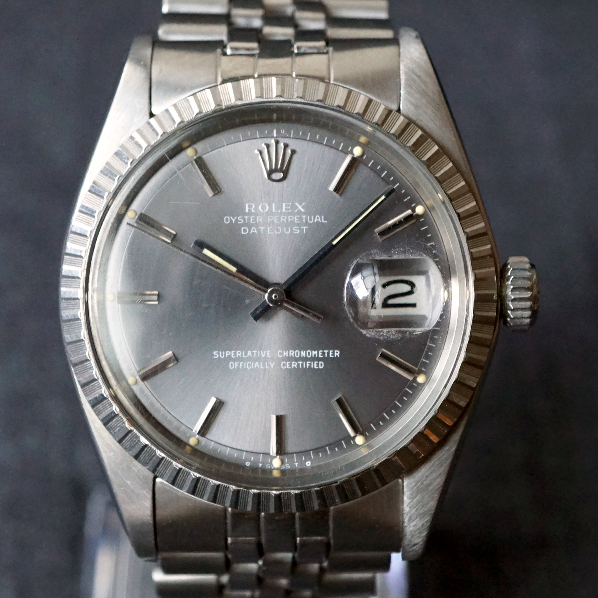 1974 ROLEX GRAY DATEJUST REF.1603 ENGINE TURNED STEEL WATCH